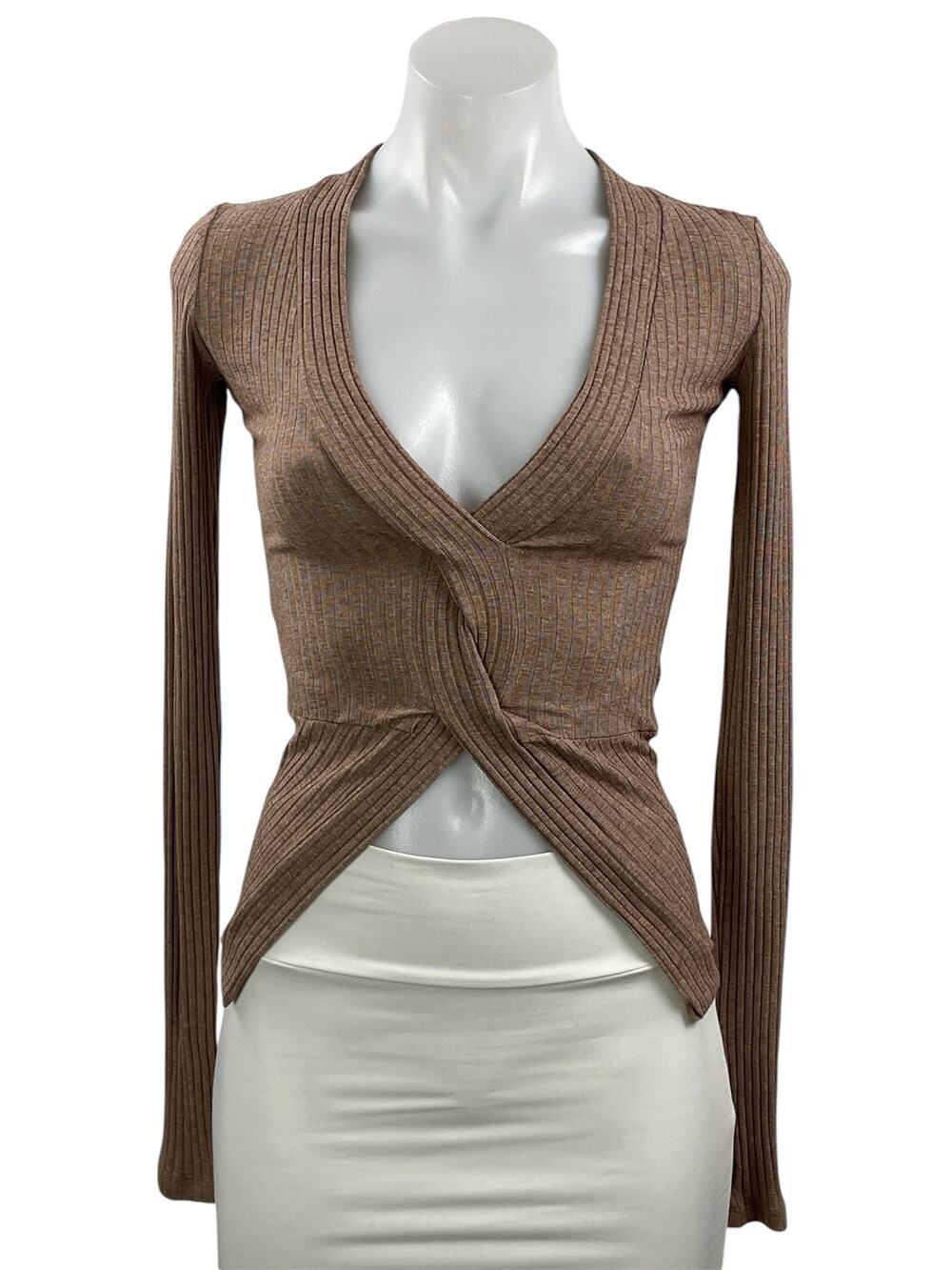 Alix NYC Women's Brown Ribbed Knit Twist Front Long Sleeve Blouse Top Size XS